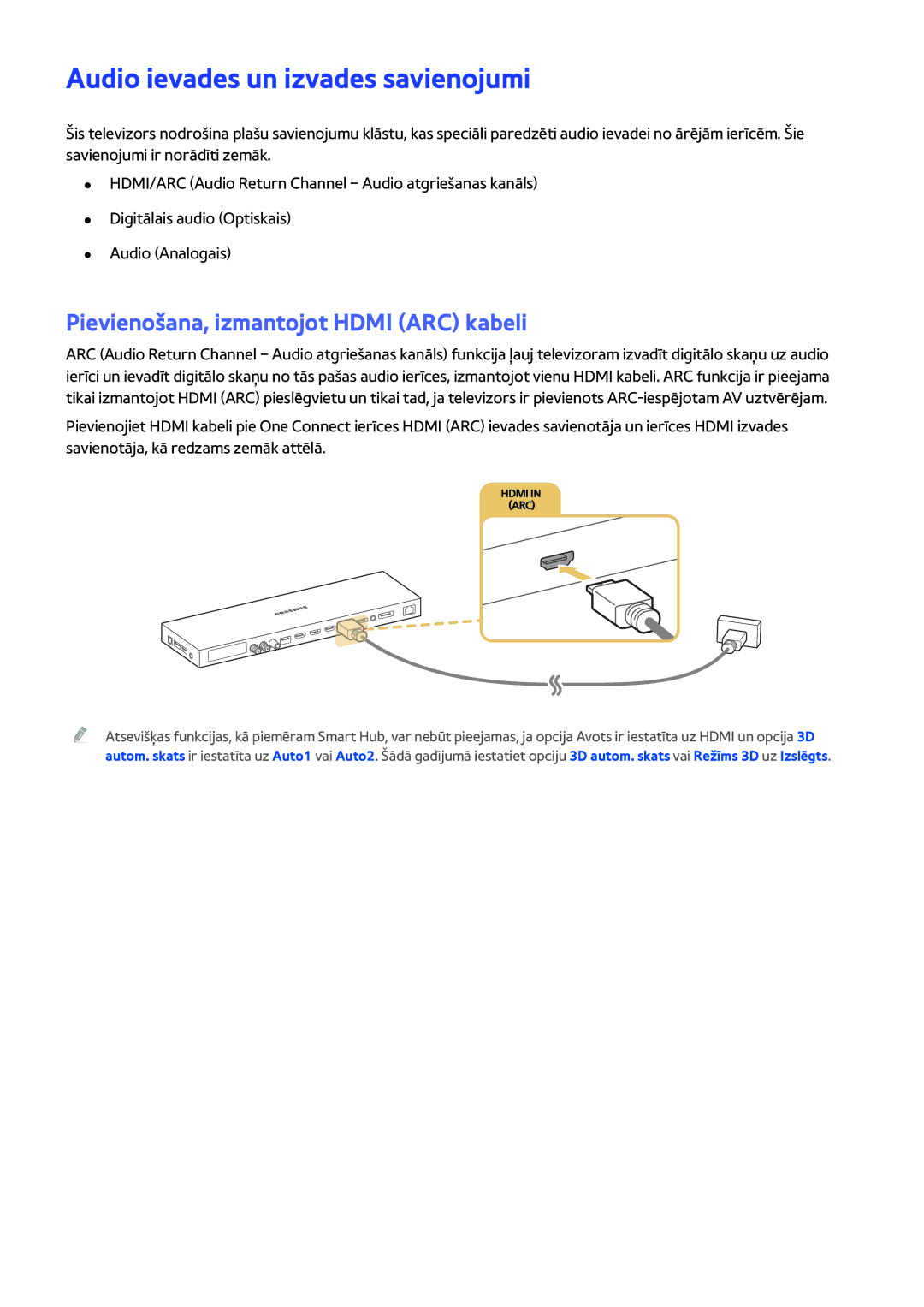 Samsung UE78JS9502TXXH, UE88JS9502TXXH manual Audio ievades un izvades savienojumi, Pievienošana, izmantojot Hdmi ARC kabeli 