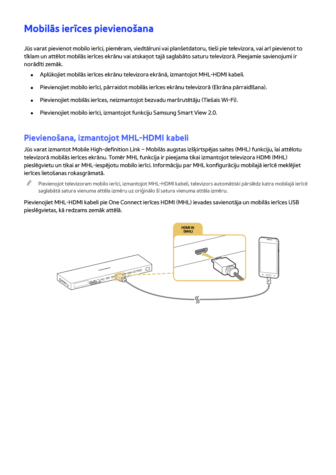 Samsung UE65JS9502TXXH, UE88JS9502TXXH, UE82S9WATXXH Mobilās ierīces pievienošana, Pievienošana, izmantojot MHL-HDMI kabeli 