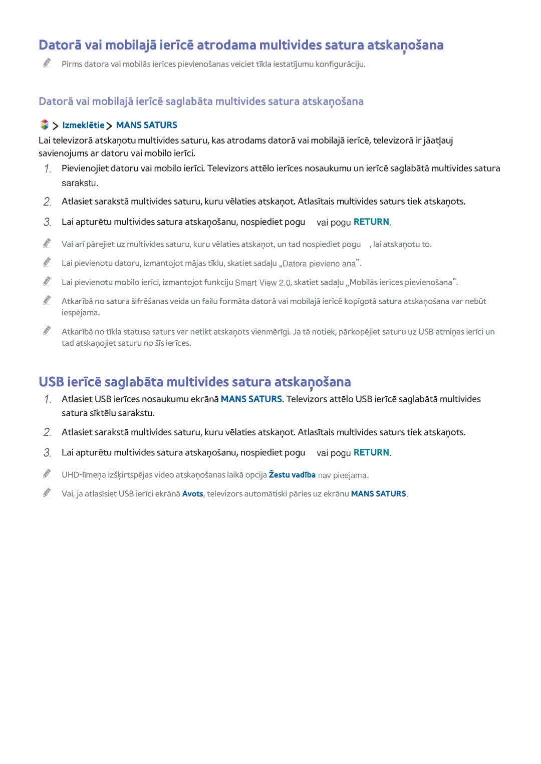 Samsung UE48JS9002TXXH, UE88JS9502TXXH manual USB ierīcē saglabāta multivides satura atskaņošana, Izmeklētie Mans Saturs 