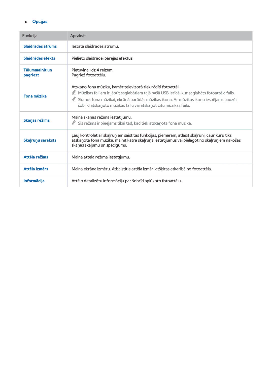 Samsung UE55JS9002TXXH manual Slaidrādes ātrums, Slaidrādes efekts, Tālummainīt un, Pagriezt, Fona mūzika, Skaņas režīms 