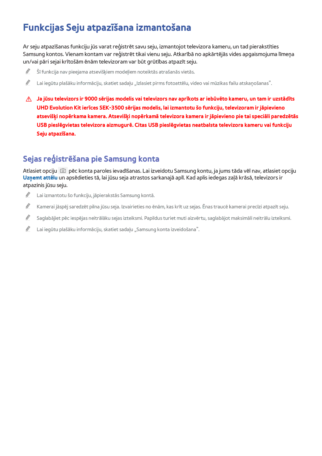 Samsung UE82S9WATXXH, UE88JS9502TXXH manual Funkcijas Seju atpazīšana izmantošana, Sejas reģistrēšana pie Samsung konta 