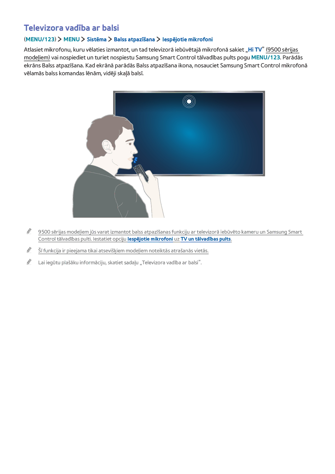 Samsung UE65JS9502TXXH manual Televizora vadība ar balsi, MENU/123 Menu Sistēma Balss atpazīšana Iespējotie mikrofoni 