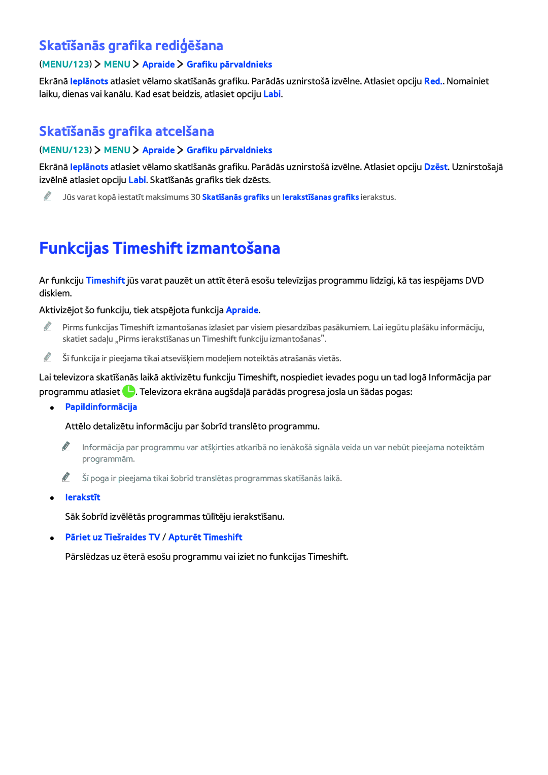 Samsung UE55JS9002TXXH manual Funkcijas Timeshift izmantošana, Skatīšanās grafika rediģēšana, Skatīšanās grafika atcelšana 