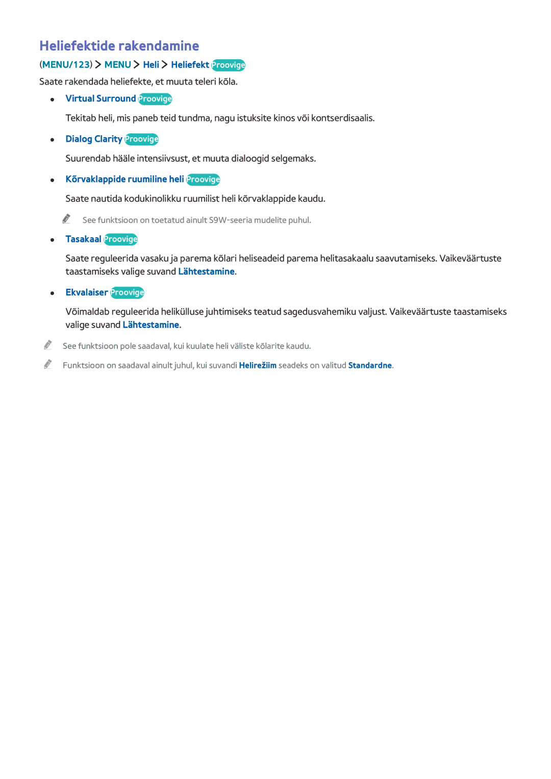 Samsung UE88JS9502TXXH manual Heliefektide rakendamine, Dialog Clarity Proovige, Kõrvaklappide ruumiline heli Proovige 