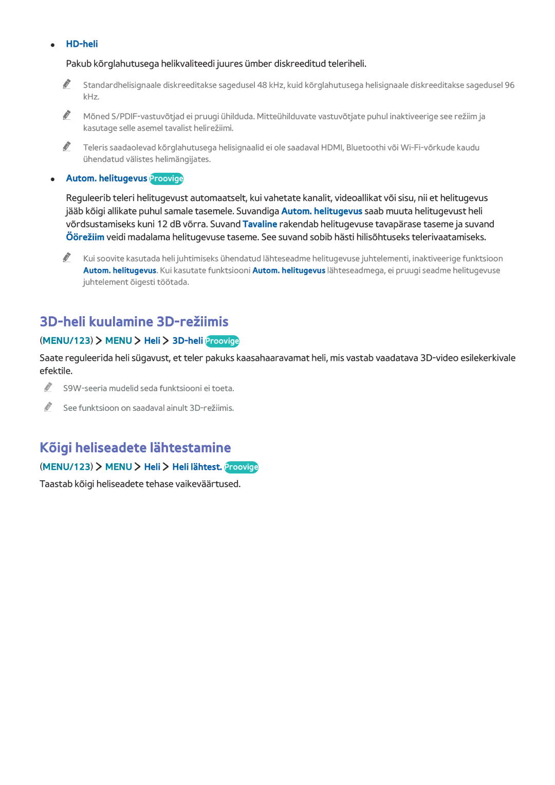 Samsung UE82S9WATXXH, UE88JS9502TXXH, UE48JS9002TXXH manual 3D-heli kuulamine 3D-režiimis, Kõigi heliseadete lähtestamine 