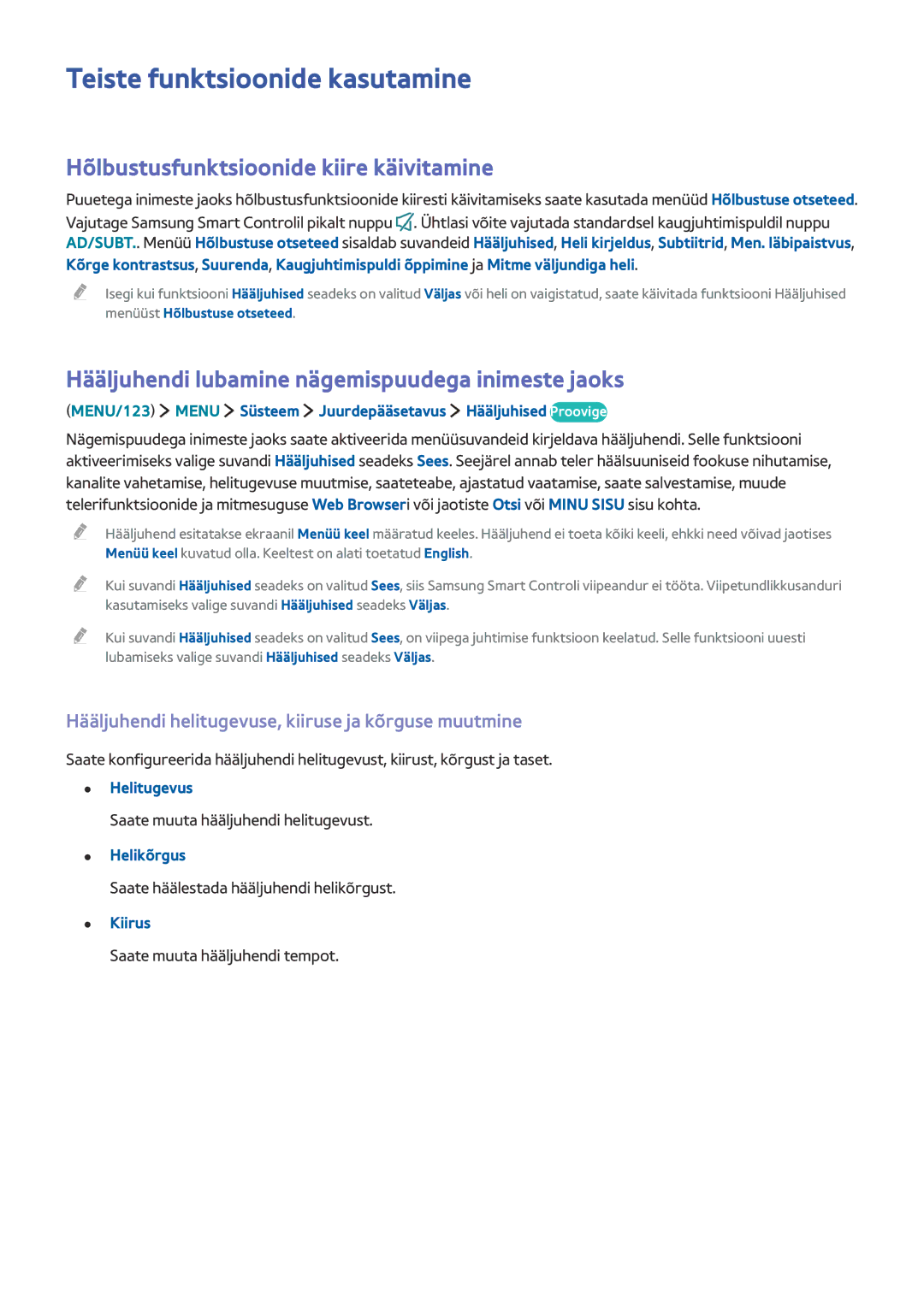 Samsung UE55JS9002TXXH, UE88JS9502TXXH manual Teiste funktsioonide kasutamine, Hõlbustusfunktsioonide kiire käivitamine 