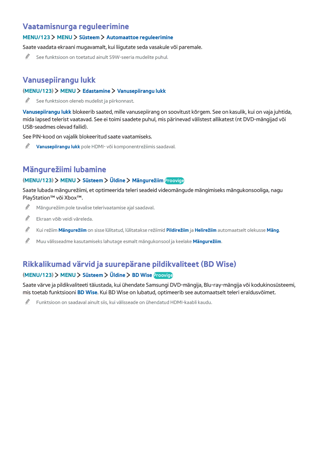 Samsung UE82S9WATXXH, UE88JS9502TXXH manual Vaatamisnurga reguleerimine, Vanusepiirangu lukk, Mängurežiimi lubamine 