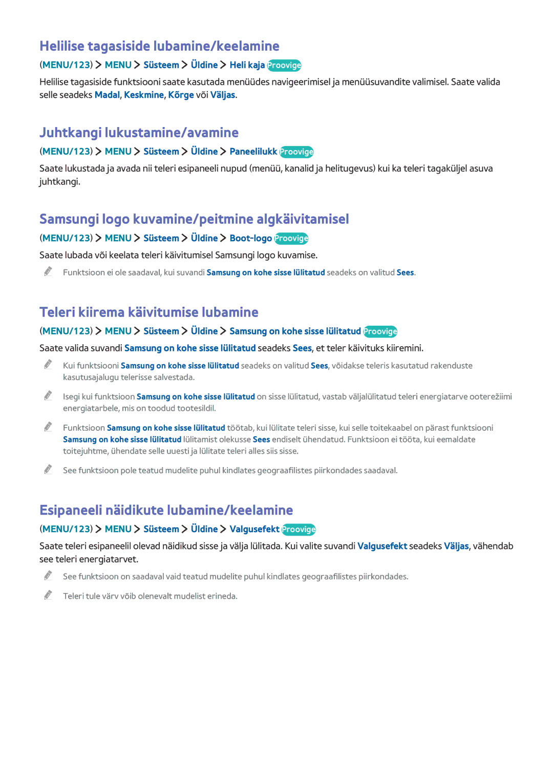 Samsung UE88JS9502TXXH, UE48JS9002TXXH, UE82S9WATXXH Helilise tagasiside lubamine/keelamine, Juhtkangi lukustamine/avamine 