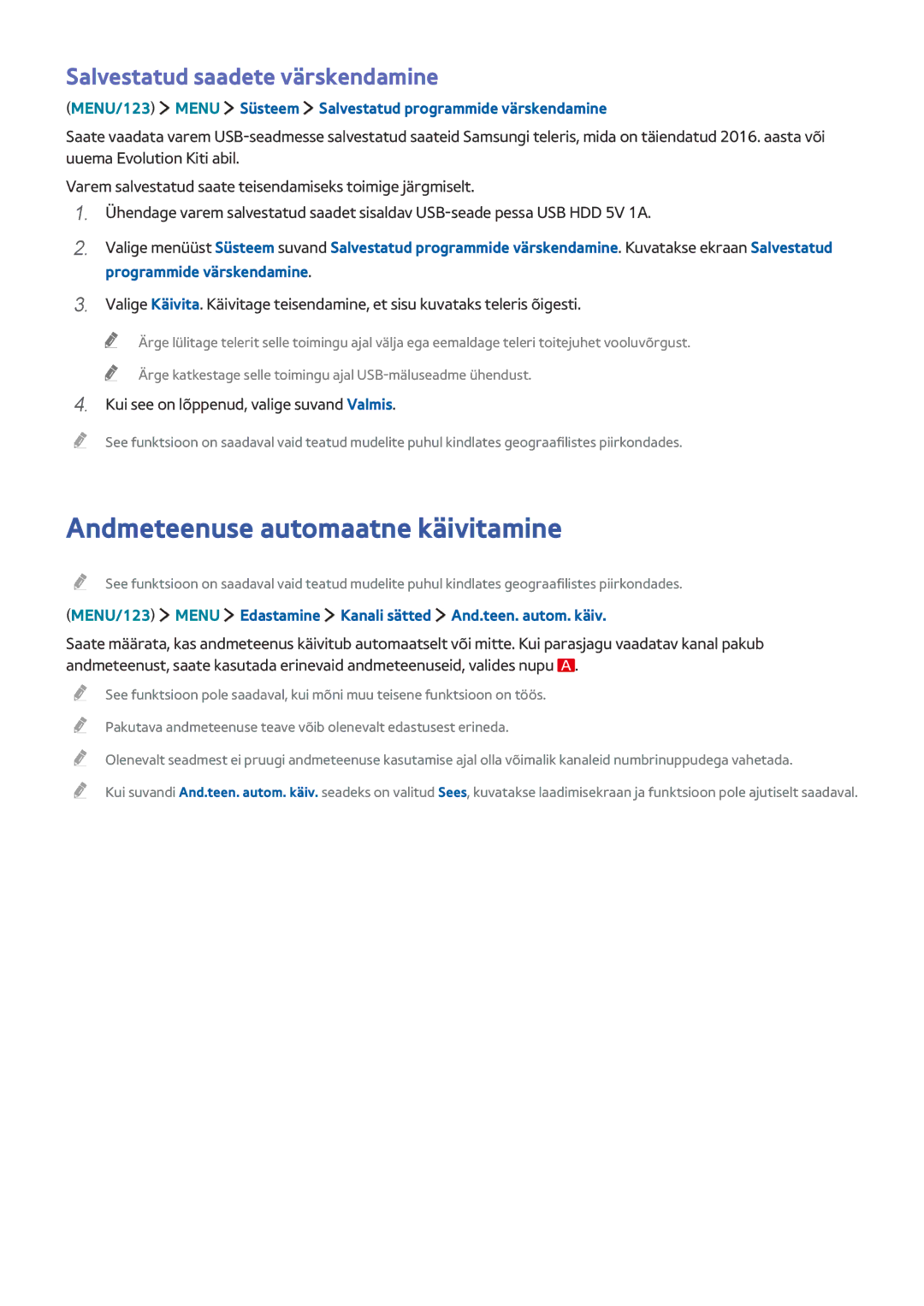 Samsung UE55JS9002TXXH, UE88JS9502TXXH, UE82S9WATXXH Andmeteenuse automaatne käivitamine, Salvestatud saadete värskendamine 