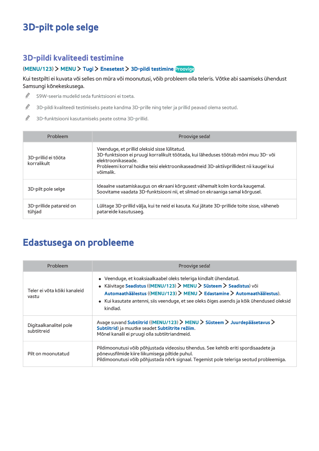 Samsung UE82S9WATXXH, UE88JS9502TXXH manual 3D-pilt pole selge, Edastusega on probleeme, 3D-pildi kvaliteedi testimine 