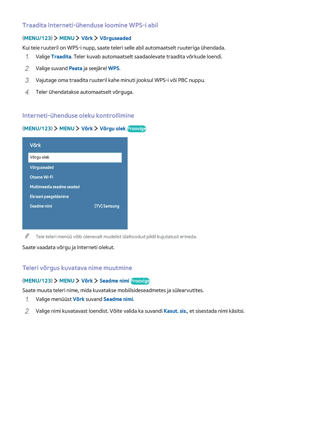 Samsung UE82S9WATXXH manual Traadita Interneti-ühenduse loomine WPS-i abil, Interneti-ühenduse oleku kontrollimine 