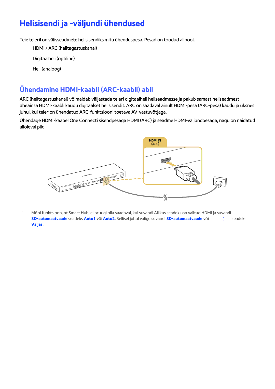 Samsung UE78JS9502TXXH, UE88JS9502TXXH manual Helisisendi ja -väljundi ühendused, Ühendamine HDMI-kaabli ARC-kaabli abil 