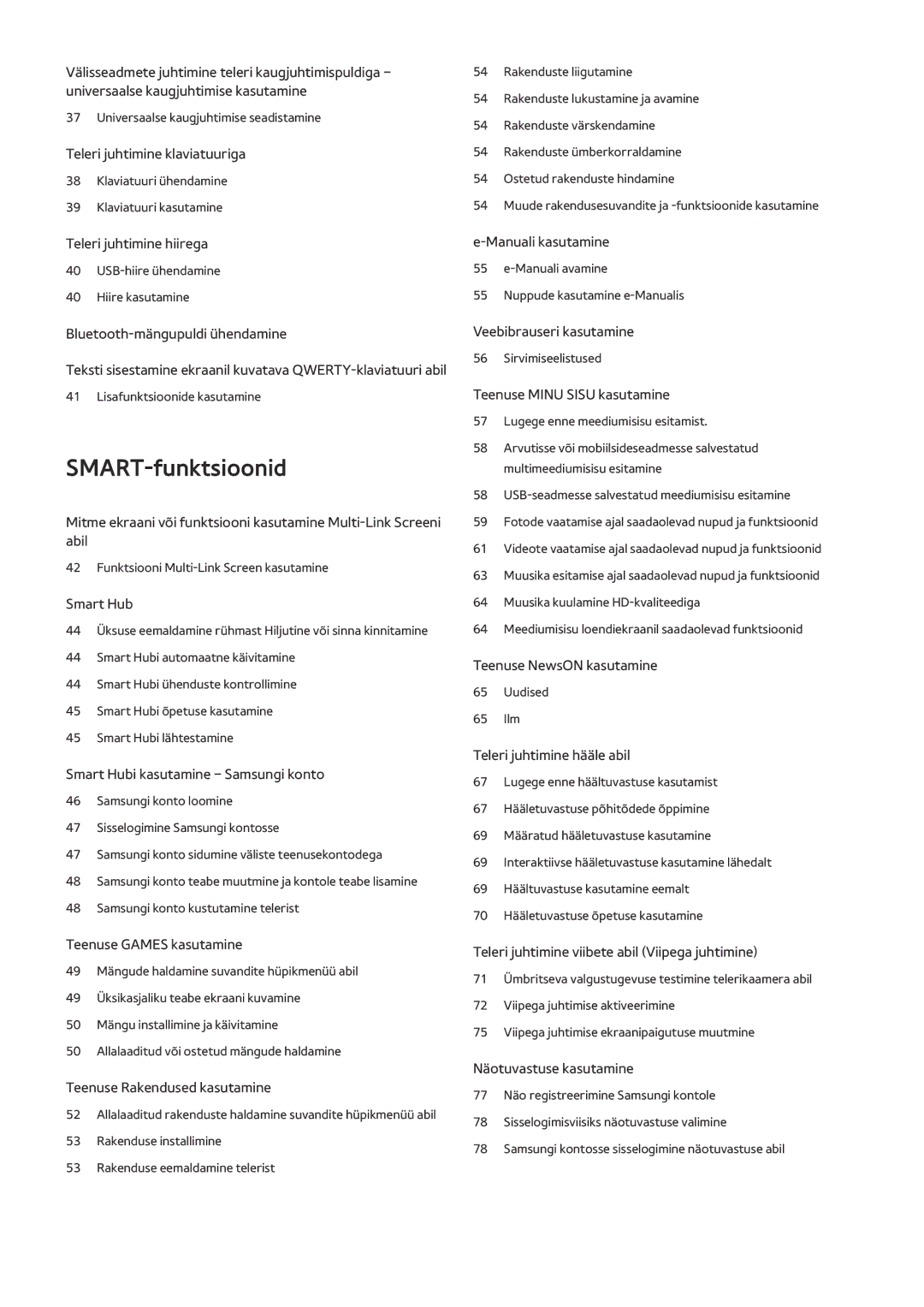 Samsung UE55JS9002TXXH, UE88JS9502TXXH, UE48JS9002TXXH, UE65JS9502TXXH, UE65JS9002TXXH, UE78JS9502TXXH manual SMART-funktsioonid 