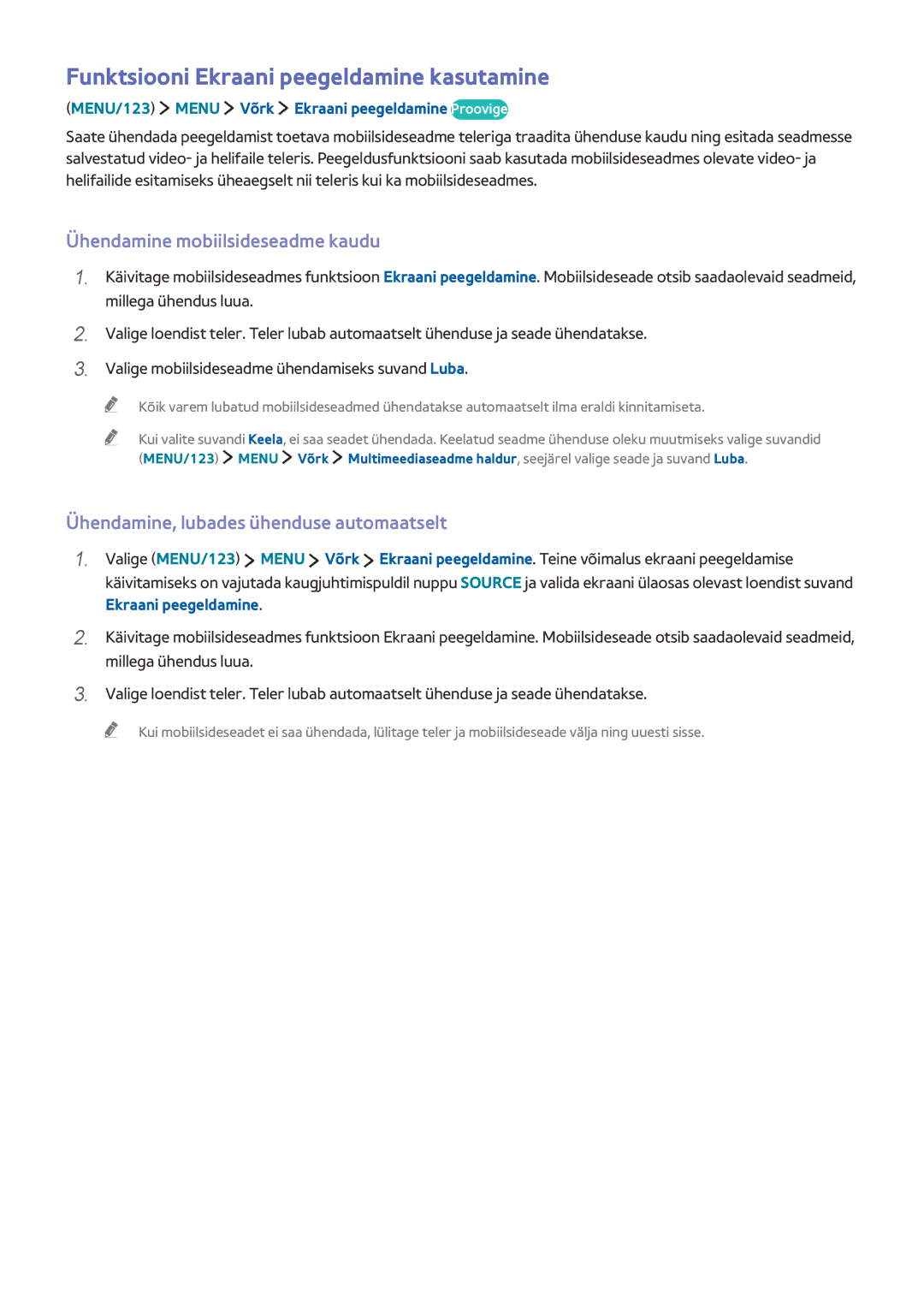 Samsung UE55JS9002TXXH, UE88JS9502TXXH manual Funktsiooni Ekraani peegeldamine kasutamine, Ühendamine mobiilsideseadme kaudu 