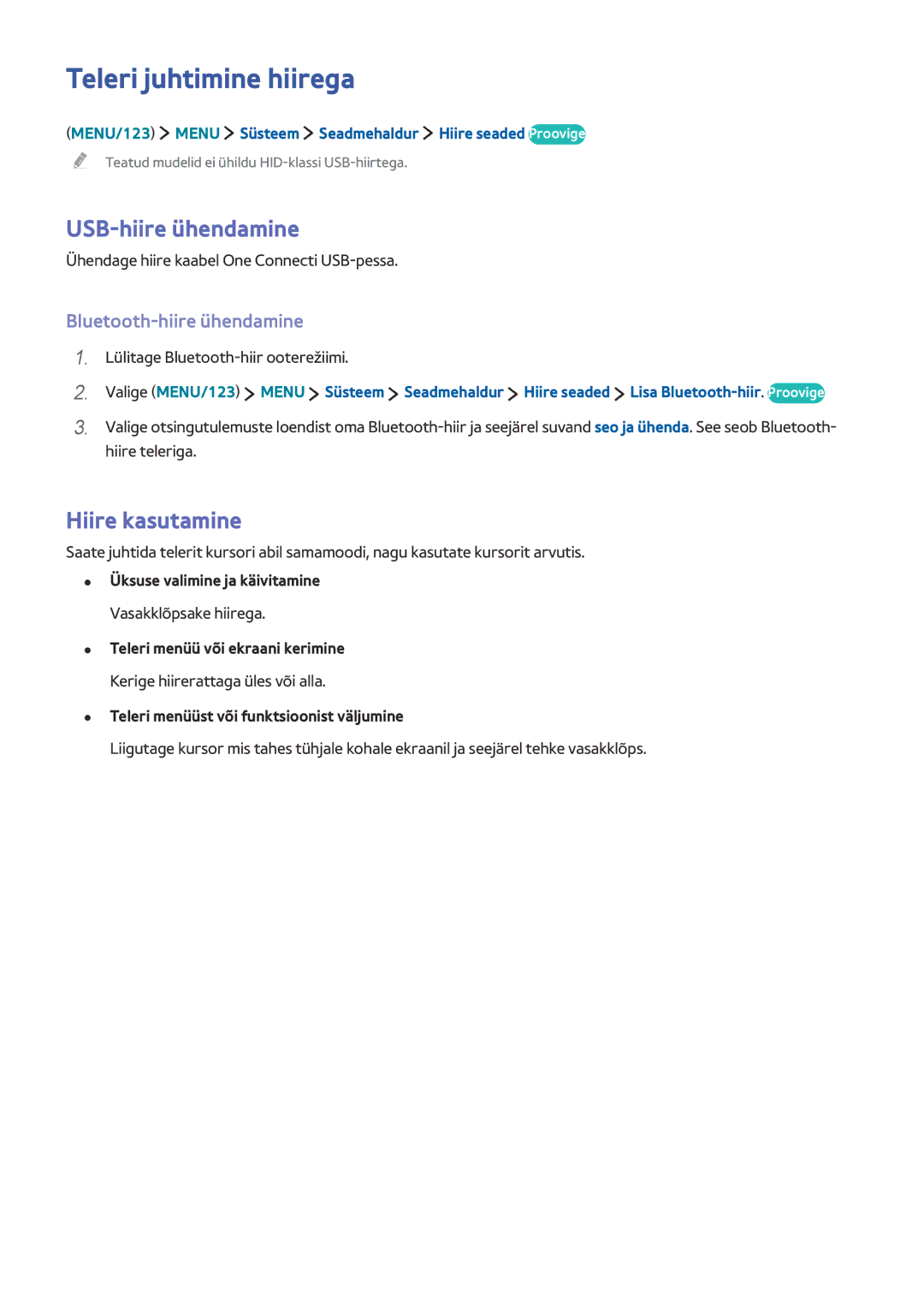 Samsung UE65JS9002TXXH manual Teleri juhtimine hiirega, USB-hiire ühendamine, Hiire kasutamine, Bluetooth-hiire ühendamine 