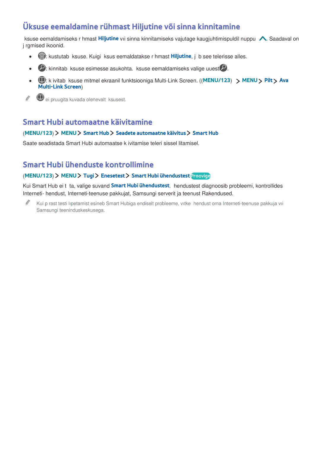 Samsung UE48JS9002TXXH manual Üksuse eemaldamine rühmast Hiljutine või sinna kinnitamine, Smart Hubi automaatne käivitamine 
