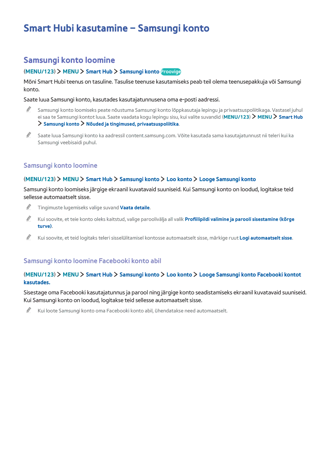 Samsung UE55JS9002TXXH, UE88JS9502TXXH, UE48JS9002TXXH manual Smart Hubi kasutamine Samsungi konto, Samsungi konto loomine 