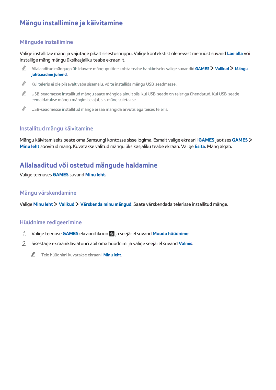 Samsung UE88JS9502TXXH, UE48JS9002TXXH manual Mängu installimine ja käivitamine, Allalaaditud või ostetud mängude haldamine 