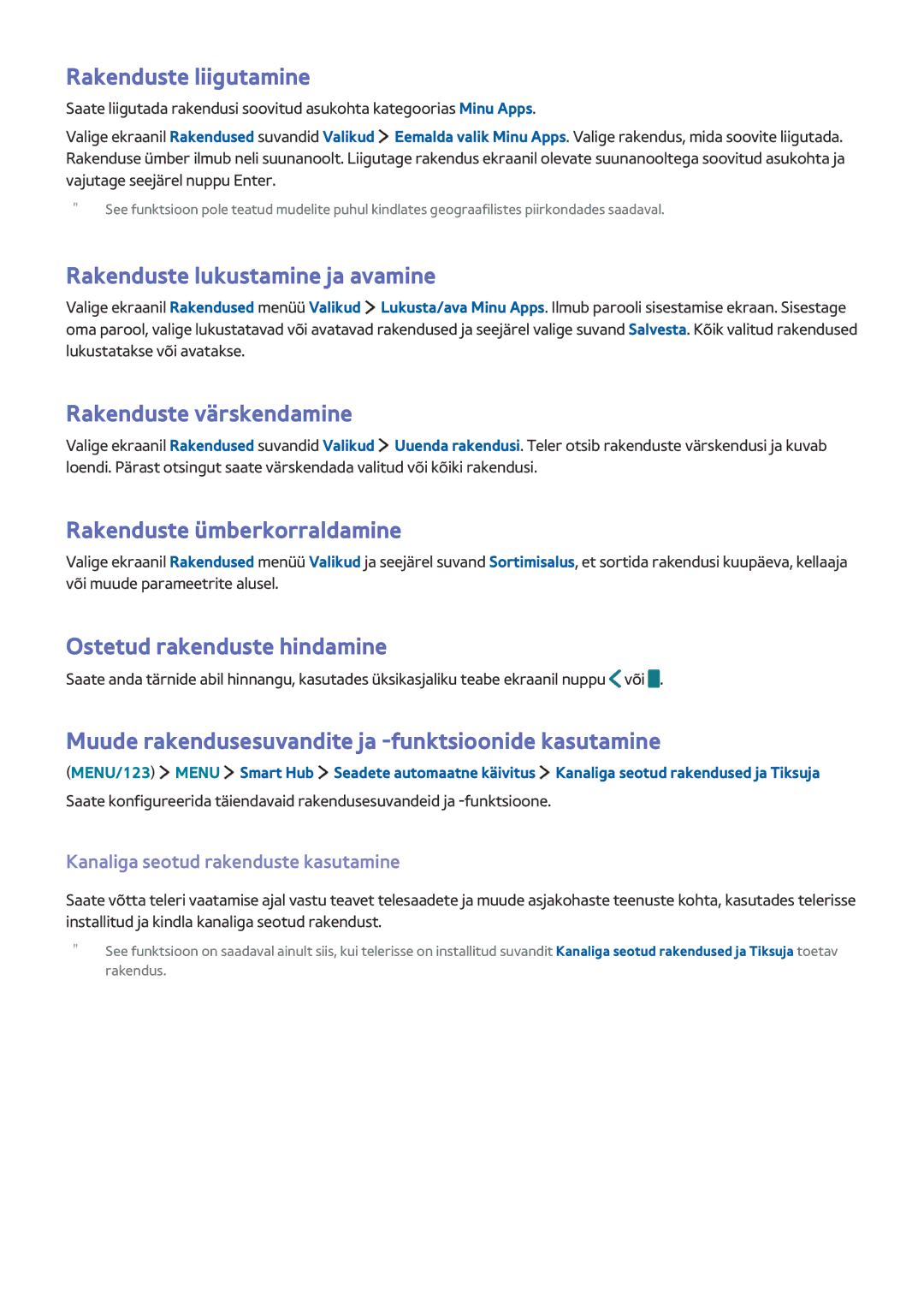 Samsung UE65JS9002TXXH, UE88JS9502TXXH Rakenduste liigutamine, Rakenduste lukustamine ja avamine, Rakenduste värskendamine 