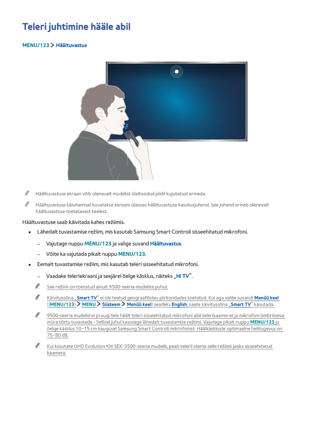 Samsung UE65JS9502TXXH, UE88JS9502TXXH MENU/123 Häältuvastus, See režiim on toetatud ainult 9500-seeria mudelite puhul 