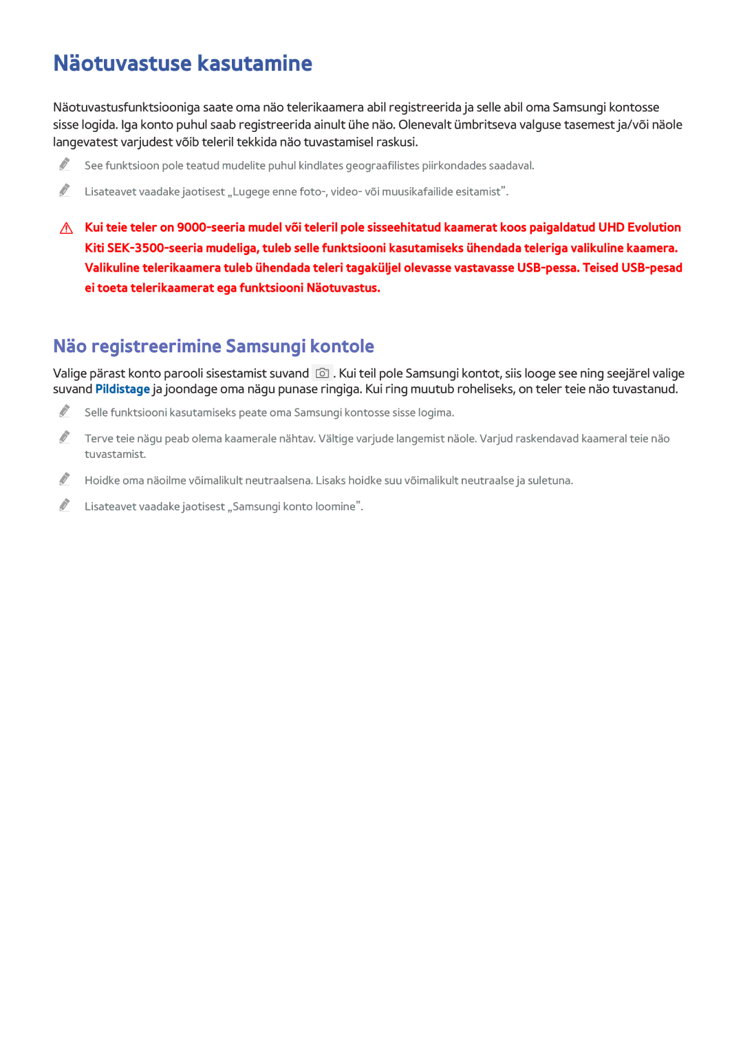 Samsung UE82S9WATXXH, UE88JS9502TXXH, UE48JS9002TXXH manual Näotuvastuse kasutamine, Näo registreerimine Samsungi kontole 