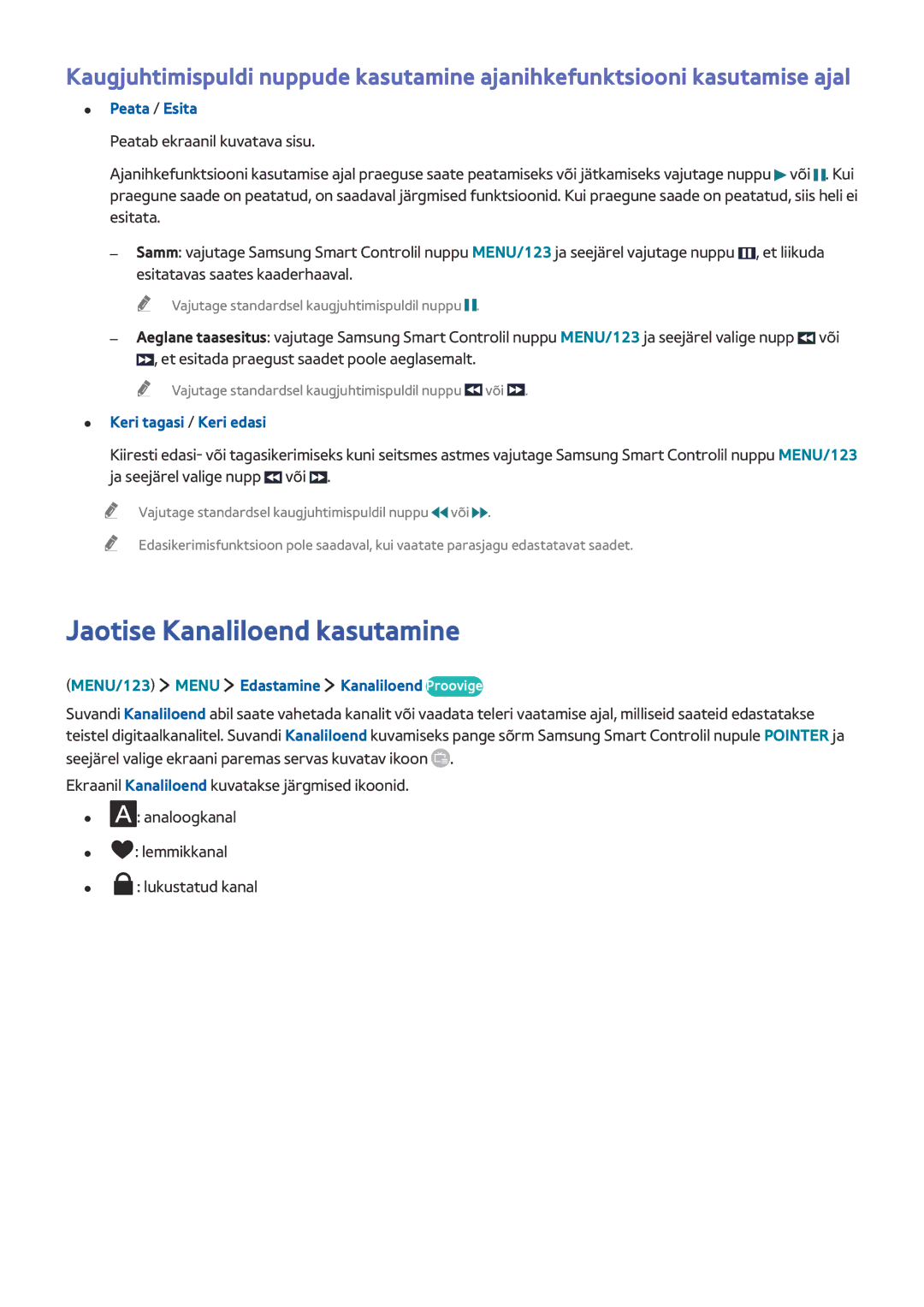 Samsung UE65JS9002TXXH, UE88JS9502TXXH manual Jaotise Kanaliloend kasutamine, MENU/123 Menu Edastamine Kanaliloend Proovige 