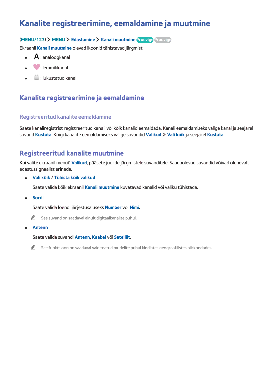 Samsung UE82S9WATXXH manual Kanalite registreerimine, eemaldamine ja muutmine, Kanalite registreerimine ja eemaldamine 