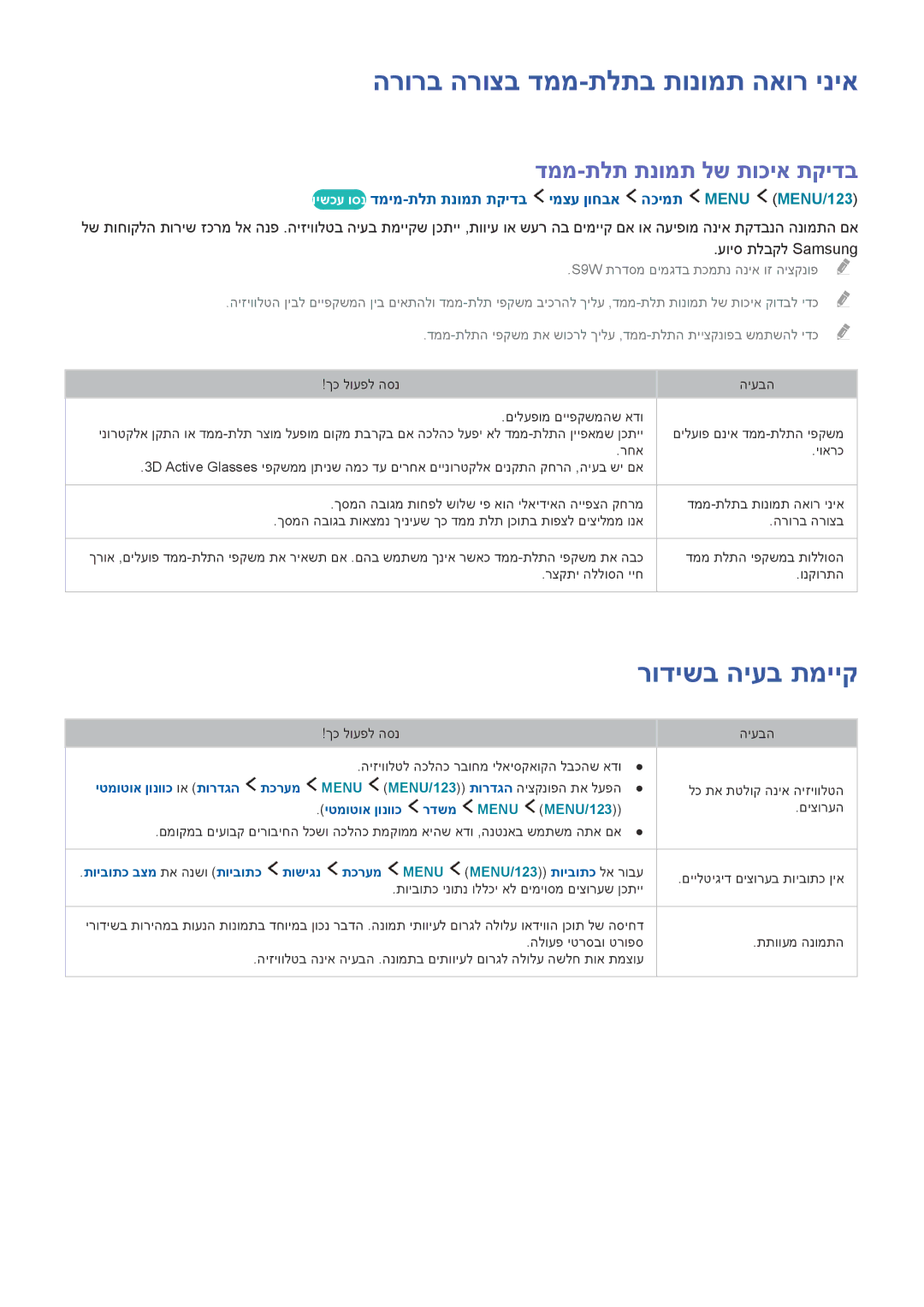 Samsung UE88JS9502TXXH manual הרורב הרוצב דממ-תלתב תונומת האור יניא, רודישב היעב תמייק, דממ-תלת תנומת לש תוכיא תקידב 