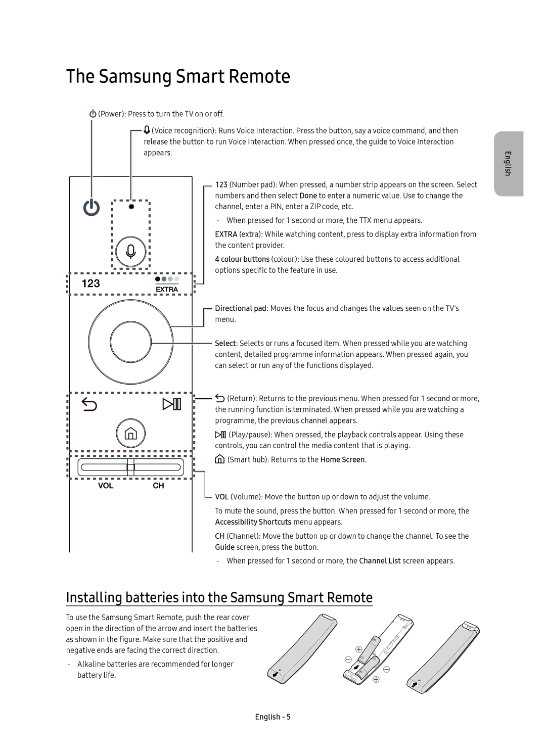 Samsung UE88KS9800TXRU manual Installing batteries into the Samsung Smart Remote 