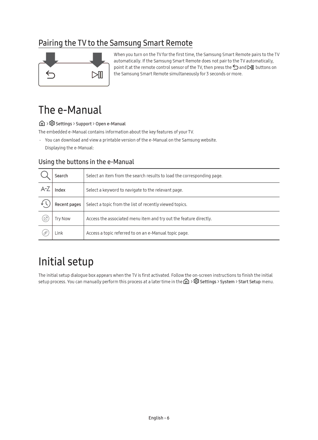 Samsung UE88KS9800TXRU E-Manual, Initial setup, Pairing the TV to the Samsung Smart Remote, Settings Support Open e-Manual 