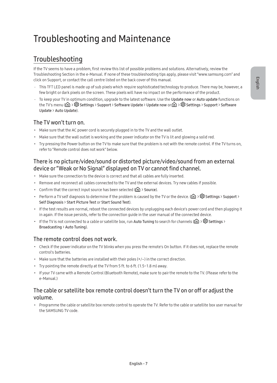 Samsung UE88KS9800TXRU manual Troubleshooting and Maintenance, TV won’t turn on, Remote control does not work 