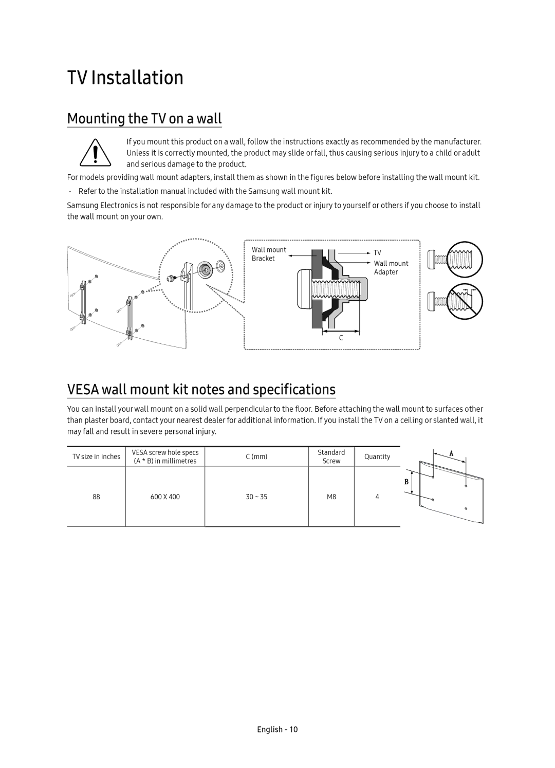 Samsung UE88KS9800TXRU manual TV Installation, Mounting the TV on a wall, Vesa wall mount kit notes and specifications 