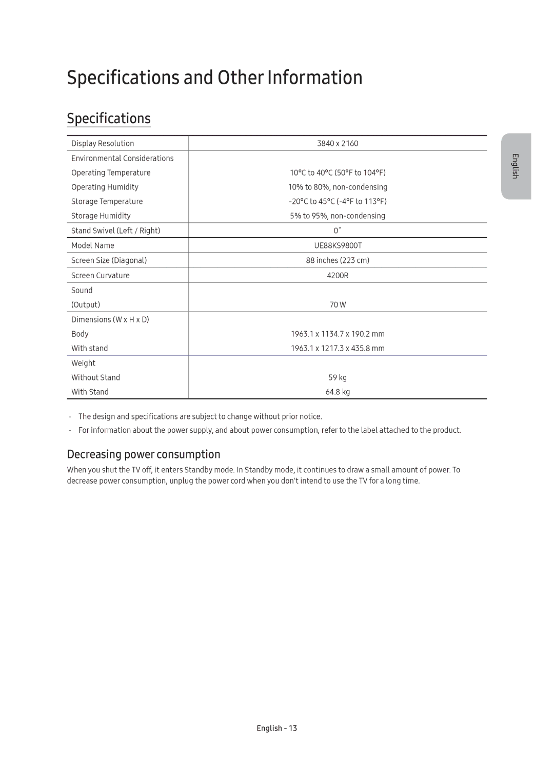 Samsung UE88KS9800TXRU manual Specifications and Other Information, Decreasing power consumption 