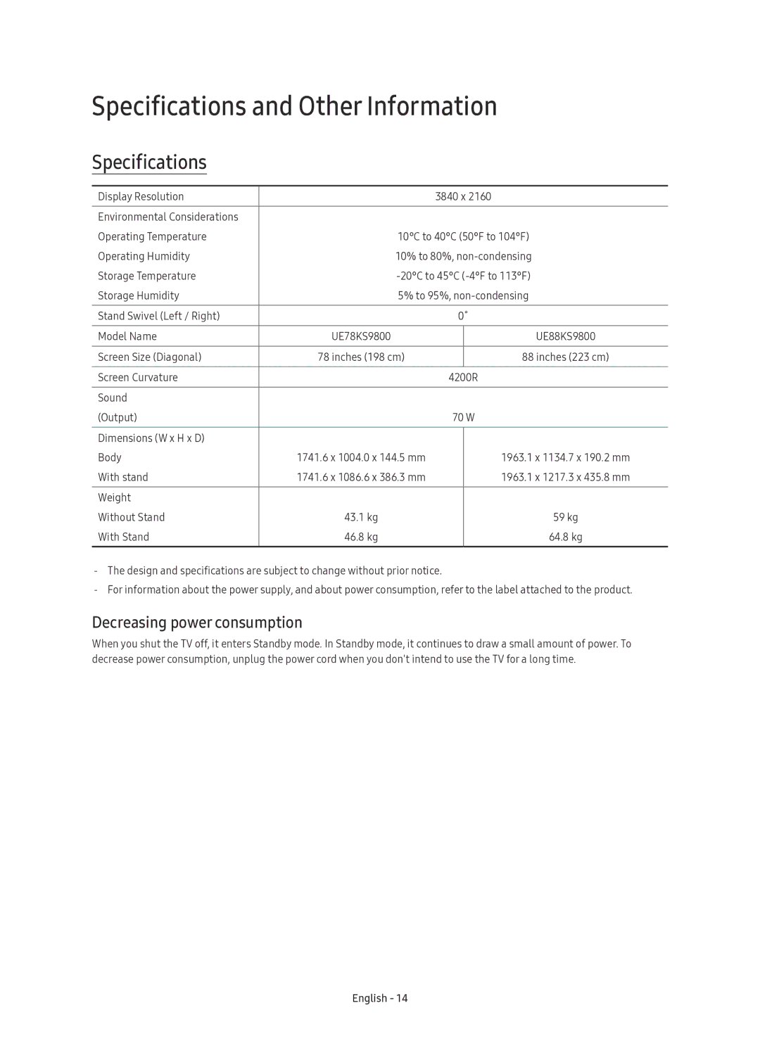 Samsung UE88KS9800TXSQ manual Specifications and Other Information, Decreasing power consumption 