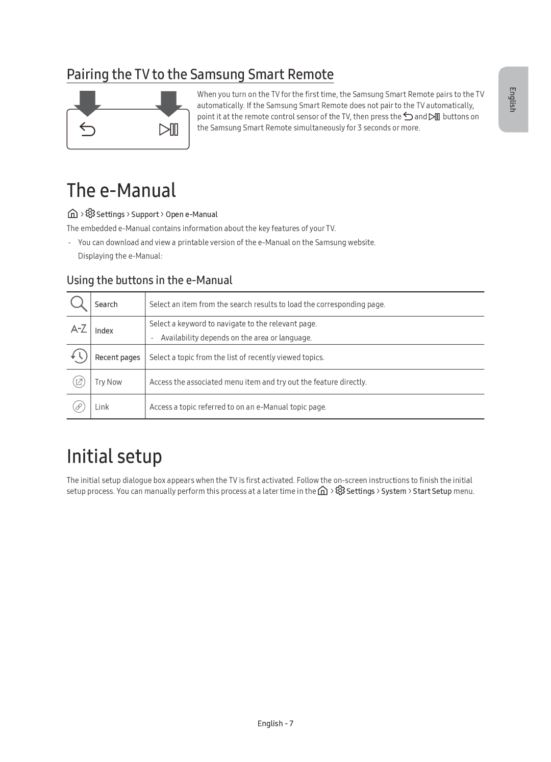 Samsung UE88KS9800TXSQ manual E-Manual, Initial setup, Pairing the TV to the Samsung Smart Remote 