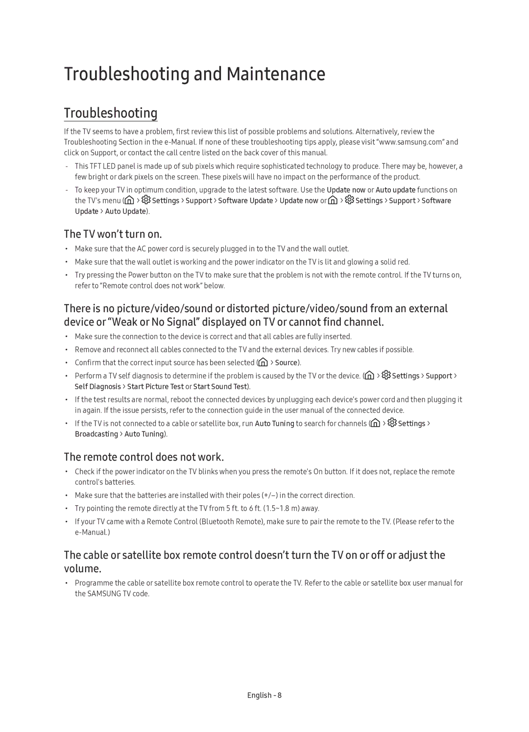 Samsung UE88KS9800TXSQ manual Troubleshooting and Maintenance, TV won’t turn on, Remote control does not work 