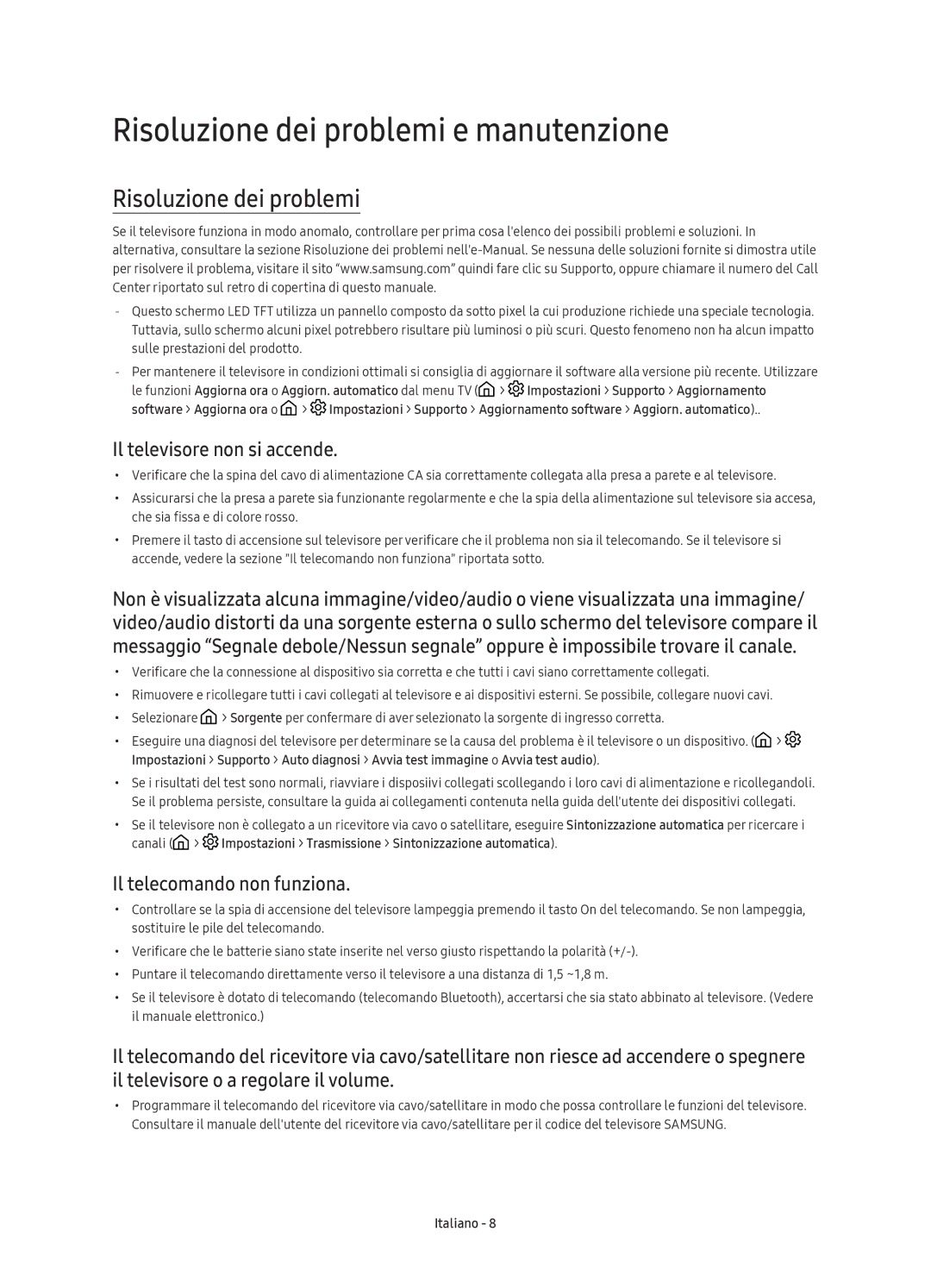 Samsung UE65KS9500TXXU Risoluzione dei problemi e manutenzione, Il televisore non si accende, Il telecomando non funziona 