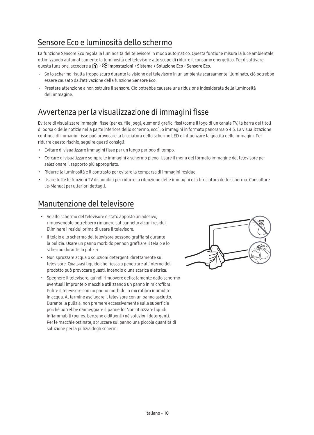 Samsung UE78KS9500TXXU manual Sensore Eco e luminosità dello schermo, Avvertenza per la visualizzazione di immagini fisse 