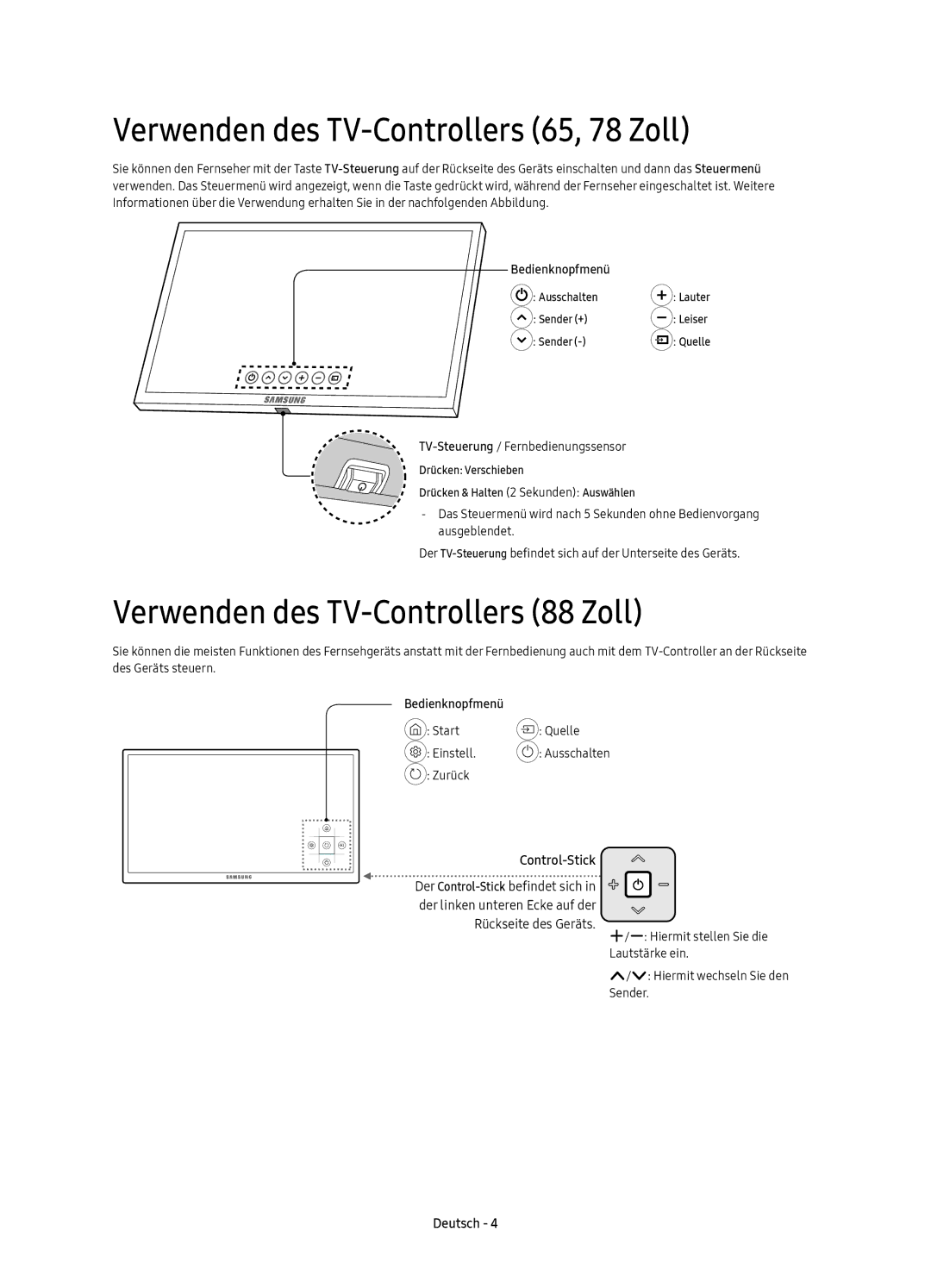 Samsung UE88KS9800TXSQ, UE88KS9800TXZF manual Verwenden des TV-Controllers 65, 78 Zoll, Verwenden des TV-Controllers 88 Zoll 