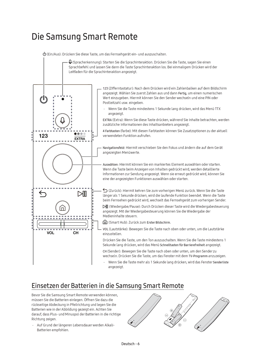 Samsung UE88KS9800TXXU, UE88KS9800TXZF manual Die Samsung Smart Remote, Einsetzen der Batterien in die Samsung Smart Remote 