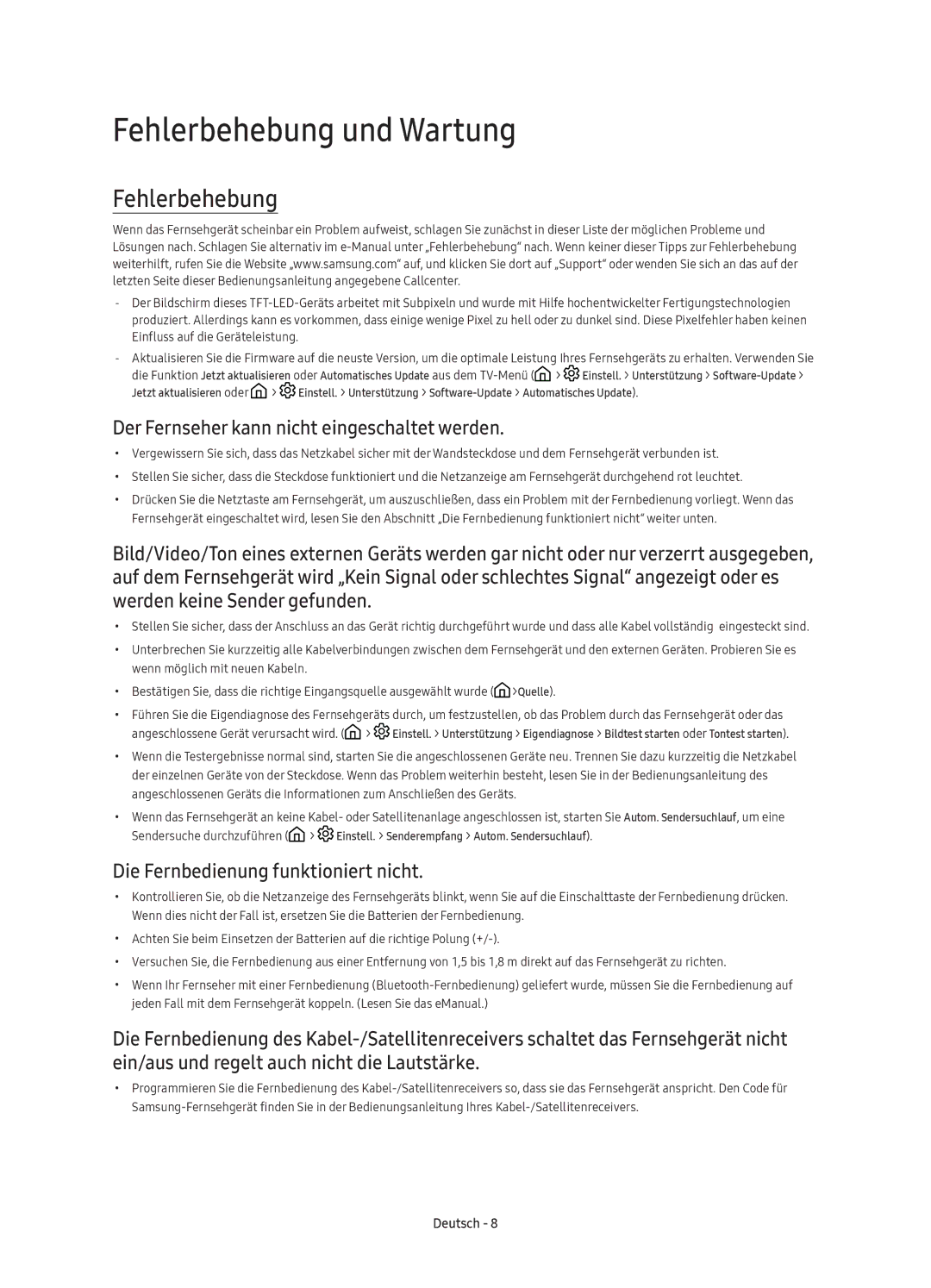 Samsung UE65KS9500TXSQ, UE88KS9800TXZF manual Fehlerbehebung und Wartung, Der Fernseher kann nicht eingeschaltet werden 