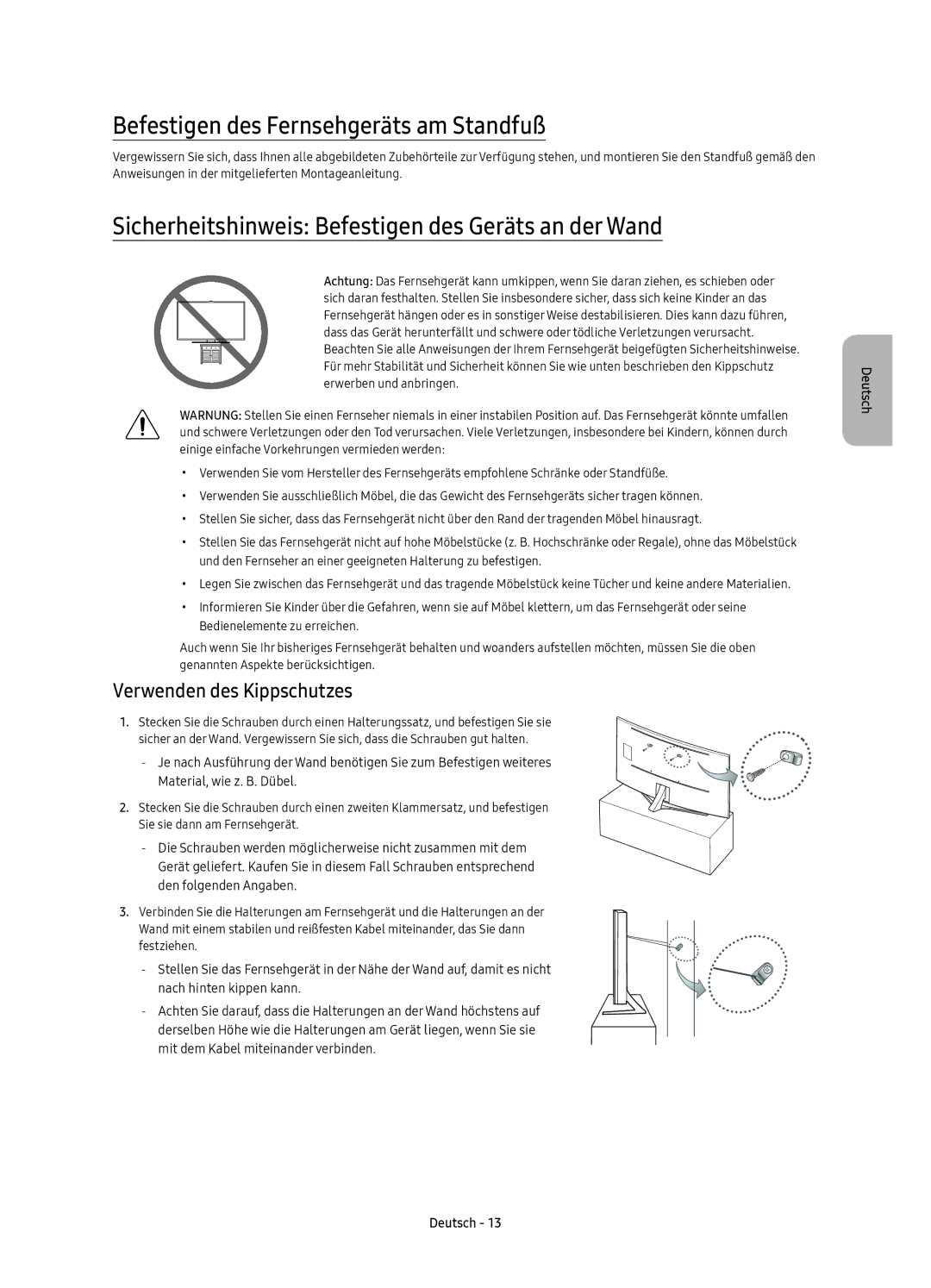 Samsung UE88KS9800TXXC Befestigen des Fernsehgeräts am Standfuß, Sicherheitshinweis Befestigen des Geräts an der Wand 