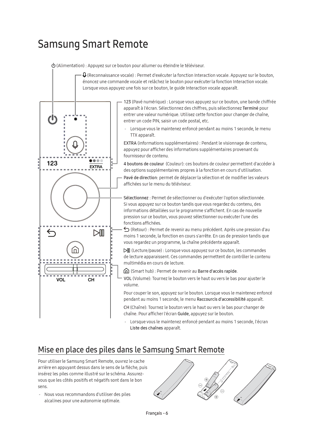 Samsung UE78KS9500TXSQ, UE88KS9800TXZF, UE88KS9800TXZT manual Mise en place des piles dans le Samsung Smart Remote 