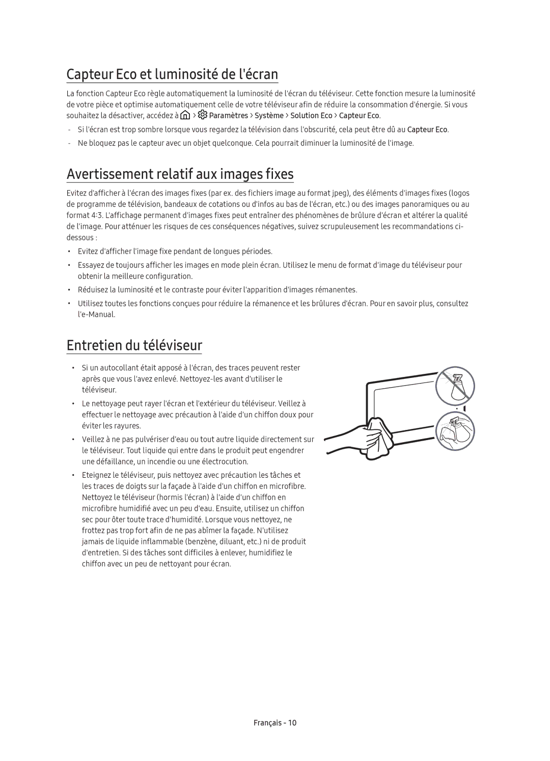 Samsung UE78KS9500TXXU, UE88KS9800TXZF manual Capteur Eco et luminosité de lécran, Avertissement relatif aux images fixes 