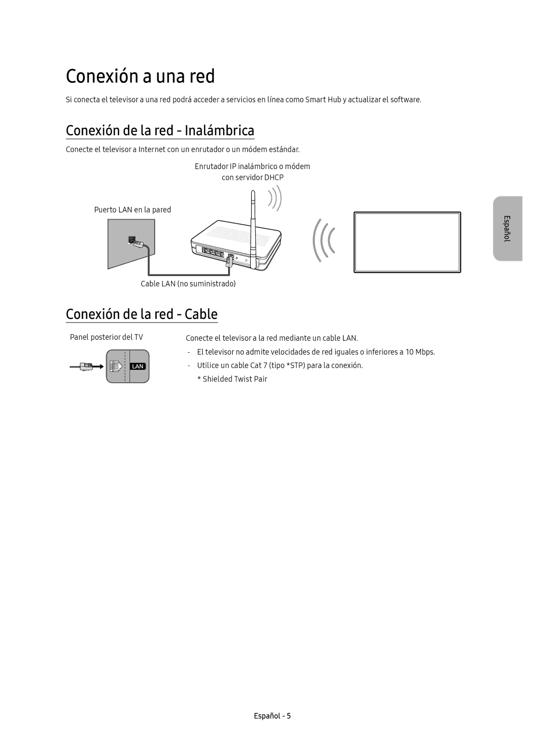 Samsung UE78KS9500TXSQ, UE88KS9800TXZF manual Conexión a una red, Conexión de la red Inalámbrica, Conexión de la red Cable 