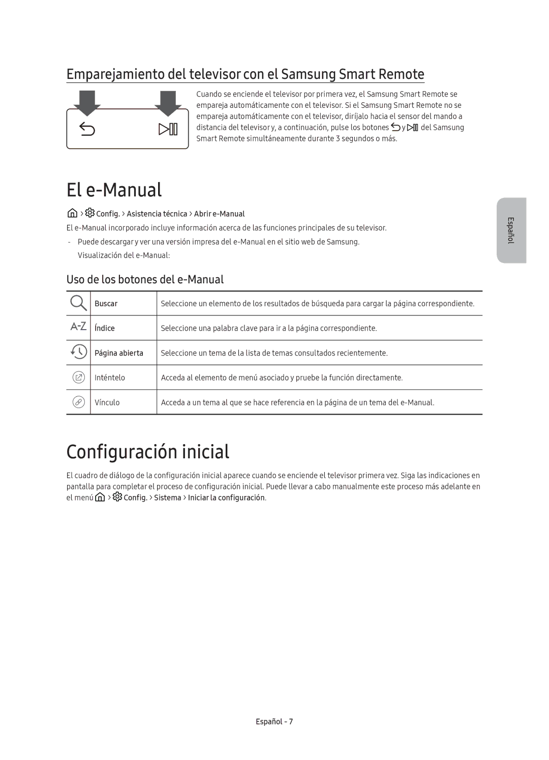 Samsung UE65KS9500TXXU manual El e-Manual, Configuración inicial, Emparejamiento del televisor con el Samsung Smart Remote 