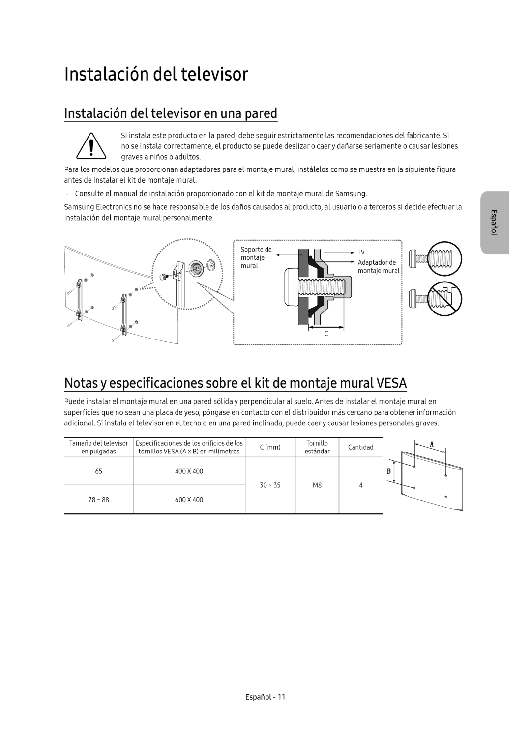 Samsung UE88KS9800TXZF, UE88KS9800TXZT, UE65KS9500TXZT, UE78KS9500TXZT manual Instalación del televisor en una pared 