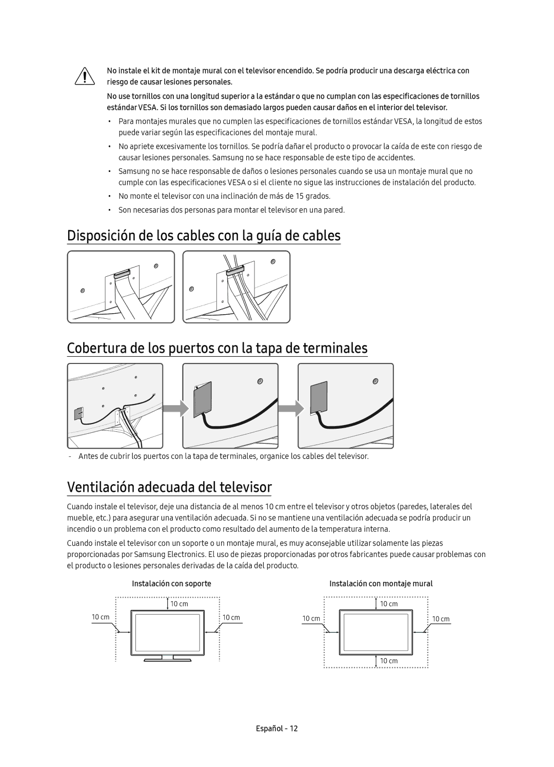 Samsung UE88KS9800TXZT, UE88KS9800TXZF, UE65KS9500TXZT manual Ventilación adecuada del televisor, Instalación con soporte 