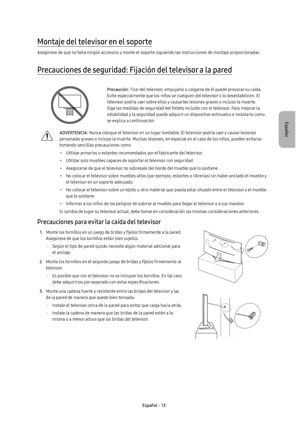 Samsung UE65KS9500TXZT Montaje del televisor en el soporte, Precauciones de seguridad Fijación del televisor a la pared 