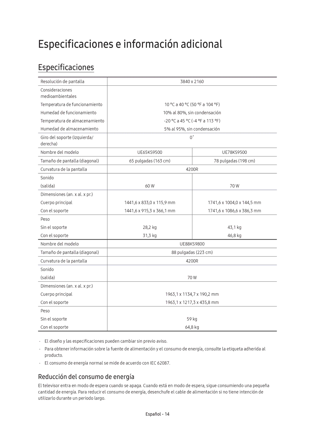 Samsung UE78KS9500TXZT, UE88KS9800TXZF manual Especificaciones e información adicional, Reducción del consumo de energía 